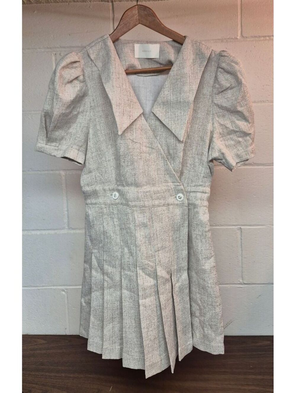 Maronnie Beige Short Pleated Dress with Puff Sleeves